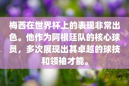 梅西在世界杯上的表现非常出色。他作为阿根廷队的核心球员,多次展现出其卓越的球技和领袖才能。广州熙林手袋有限公司